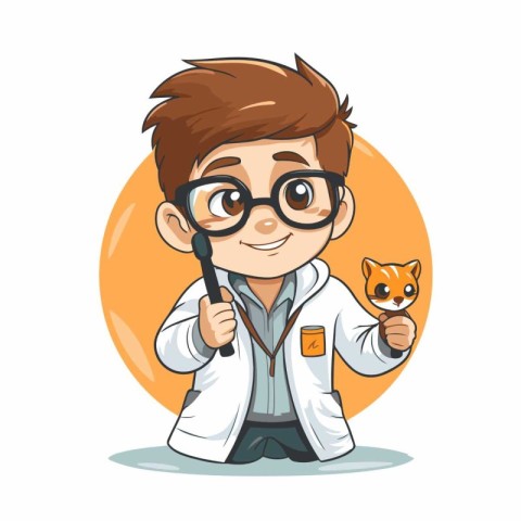 Scientist holding a magnifying glass and a cat. Vector illustrat