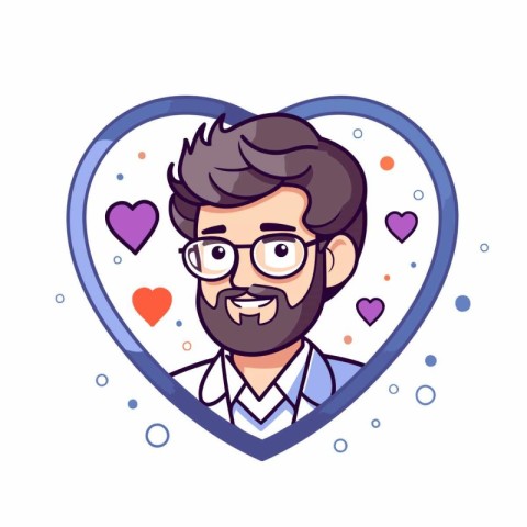 Vector illustration of hipster man with beard and glasses in hea