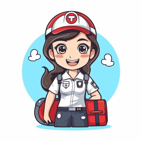 Cute nurse cartoon character with first aid kit. Vector illustra