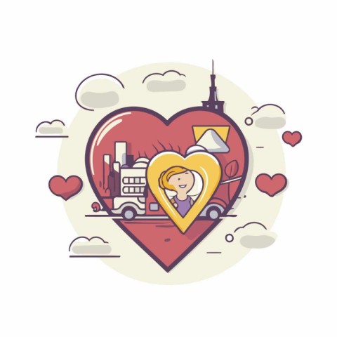 Vector illustration of city in heart shape. Line art design for