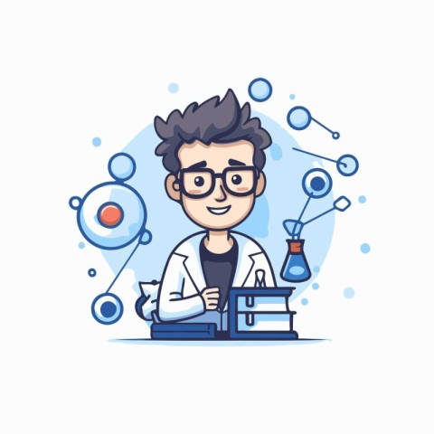 Scientist in lab coat and eyeglasses. Vector illustration.