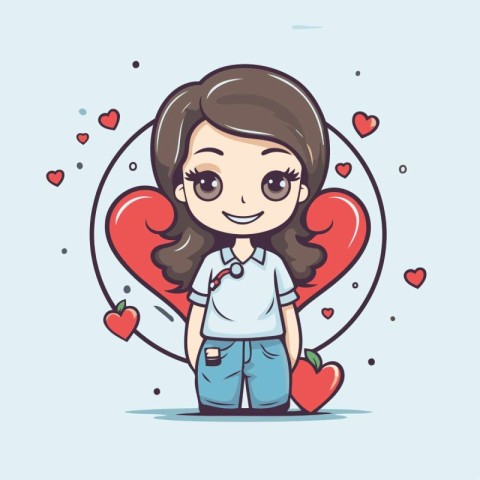 Cute little girl with heart. Vector illustration in cartoon styl