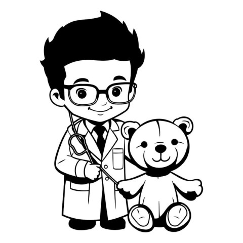 Doctor with stethoscope and teddy bear cartoon vector illustrati