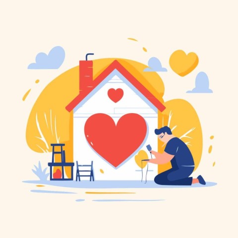 Vector illustration of a man sitting in front of a house with a