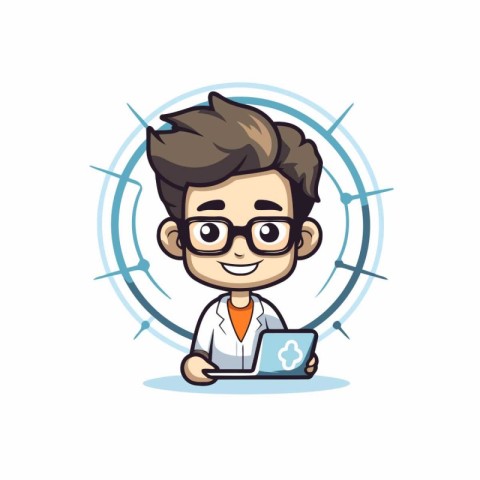 Doctor with Laptop - Cute Cartoon Doctor Vector Illustration.