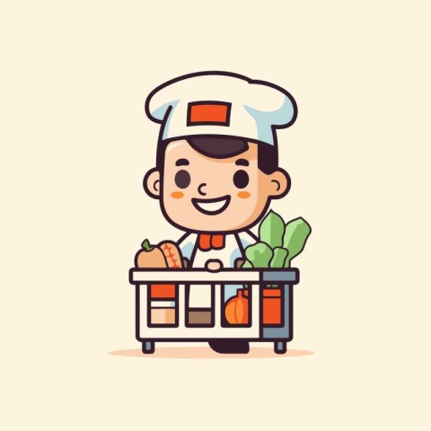 Cute Cartoon Chef with Shopping Cart Full of Vegetables. Vector