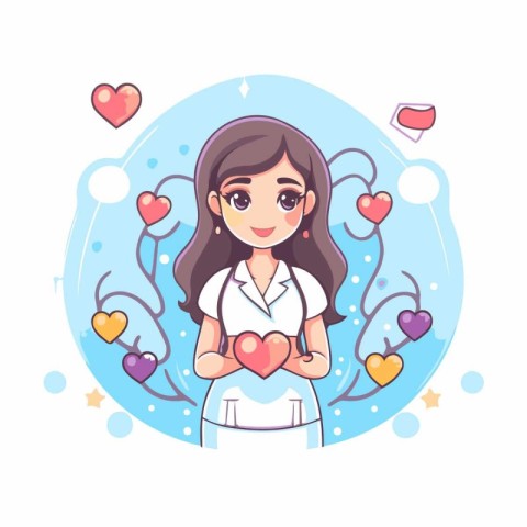 Cute girl with heart in hands. Valentine's day vector illustrati