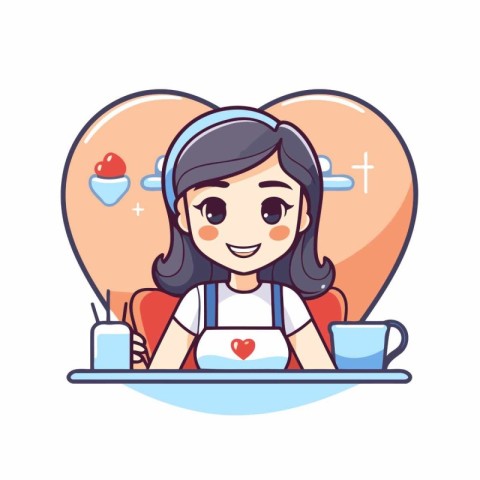 Cute girl with cup of coffee and heart. Vector illustration.