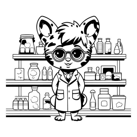 Cute giraffe in the store. Black and white illustration.