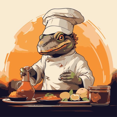 Illustration of a crocodile chef with a plate of food.