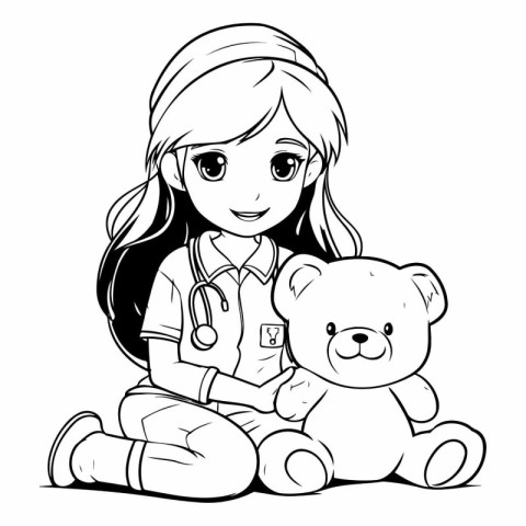 Girl doctor with teddy bear - black and white vector illustratio