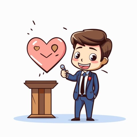 Businessman giving speech on podium with heart. Vector cartoon c