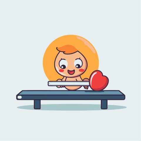 Cute little boy cartoon character playing on the trolley. Vector