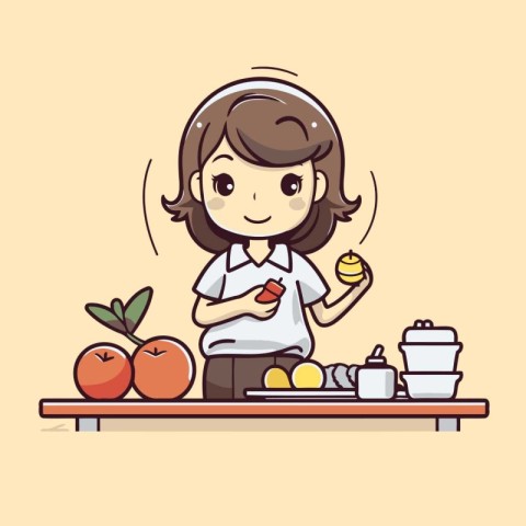 Girl in the kitchen with fruits and vegetables. Vector illustrat