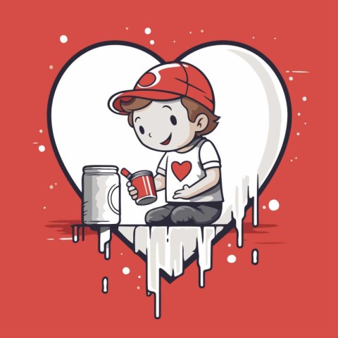 Cute boy painting the heart with a paint roller. Vector illustra