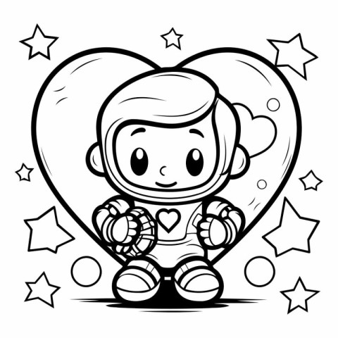 Cute Cartoon Astronaut Sitting on Heart with Stars - Coloring Bo