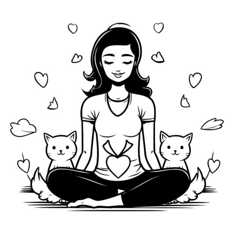 Woman meditating with cat cartoon in black and white vector illu