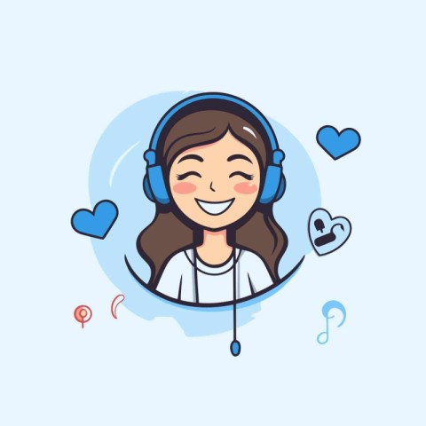 Vector illustration of a girl with headphones and hearts on a bl