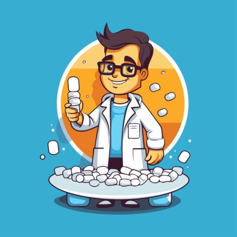 Cartoon doctor holding a pill. Vector illustration in flat style