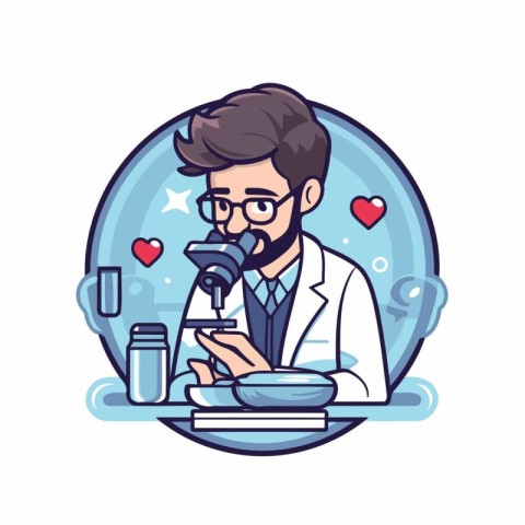 Scientist with microscope and test tubes. Vector illustration in