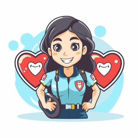 Cute girl in police uniform holding hearts. Vector illustration