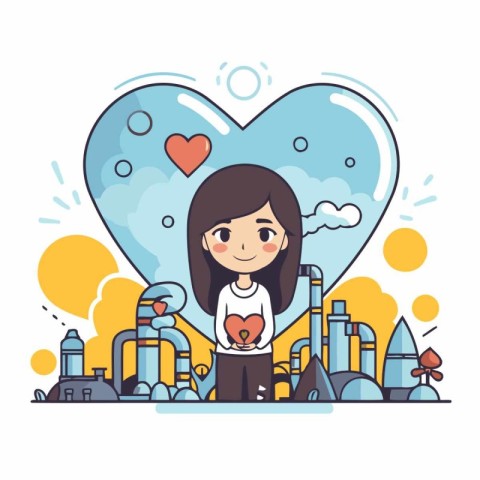 Cute cartoon girl with heart and rocket vector illustration grap