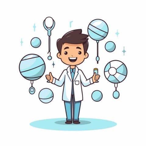 Cartoon doctor holding a syringe in his hand. Vector illustratio