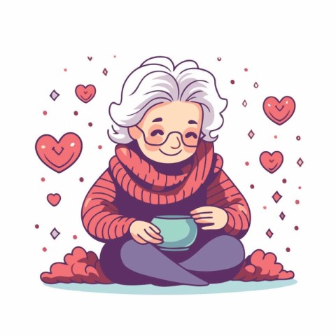 Cute cartoon grandmother sitting on the floor with cup of tea. V