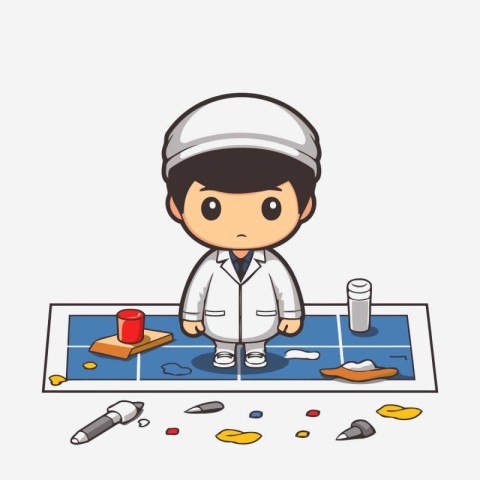 Cartoon Scientist Cleaning Floor - Colorful Cartoon Vector Illus