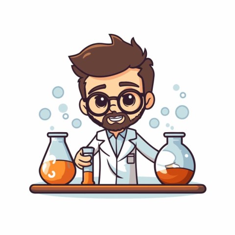 scientist with test tubes and flask cartoon vector illustration