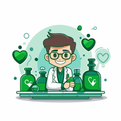 Scientist with bottle of medicine character design. Vector illus