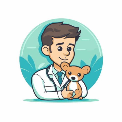 Veterinarian holding a teddy bear. Vector illustration in cartoo