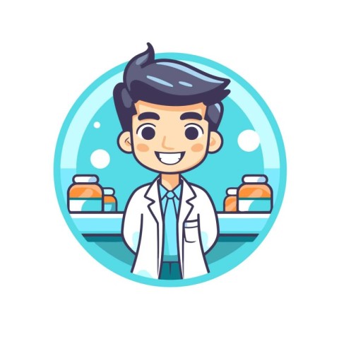 Cartoon character of a male pharmacist. Vector illustration in a