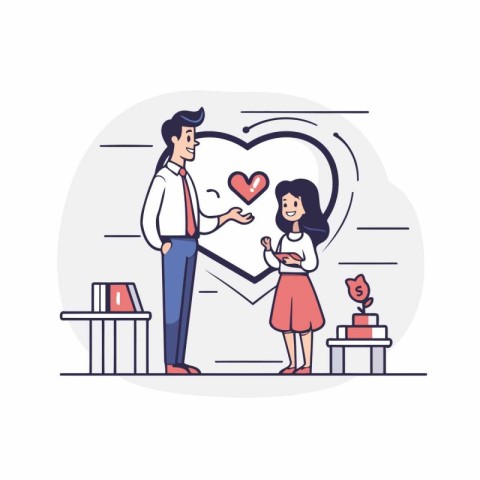 Man gives a gift to his daughter. Vector illustration in line ar