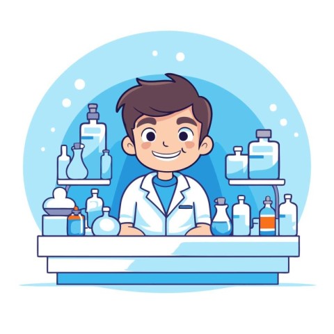 Vector illustration of a boy in a lab coat standing at the count