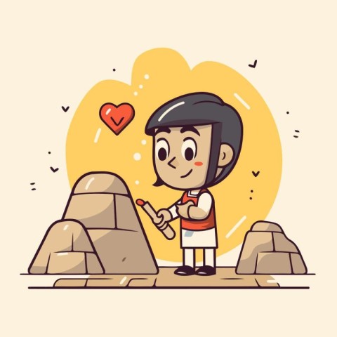 Boy playing with a stone in the desert. Vector cartoon illustrat