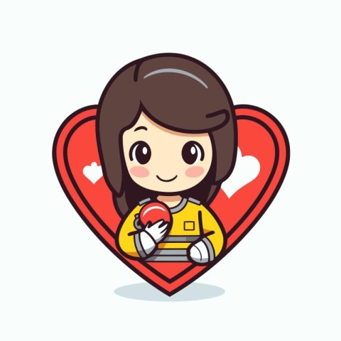 Cute Girl Holding Red Heart mascot cartoon character vector illu