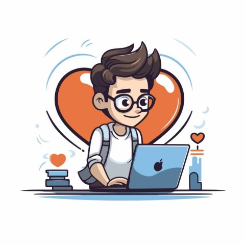 Vector illustration of a boy with a laptop and a red heart.