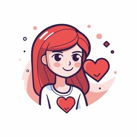 Young woman with red hair and heart. Cute cartoon vector illustr