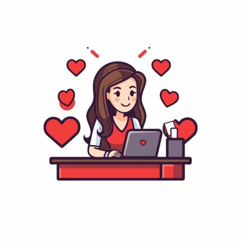 Girl working on laptop at the table with hearts. Vector illustra