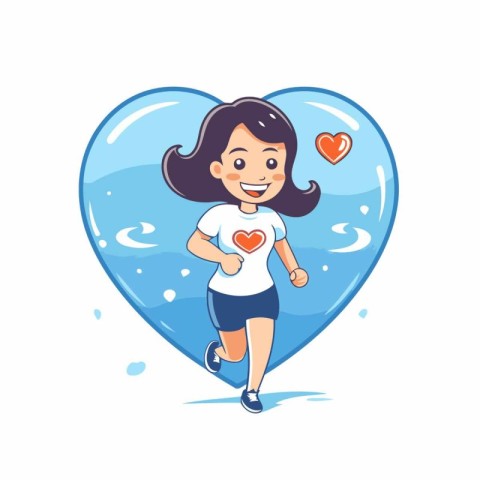 Cute little girl running in the heart shape. Vector illustration