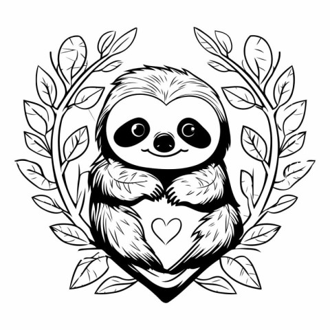 Cute cartoon sloth with heart and leaves. Vector illustration.