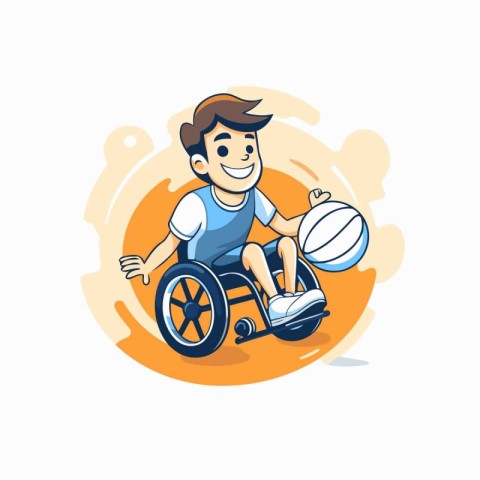 Disabled boy in a wheelchair playing basketball. Vector cartoon