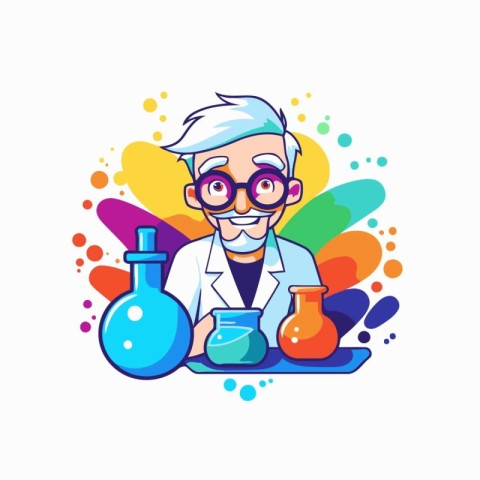 Scientist cartoon character with flask and test tube. Vector ill