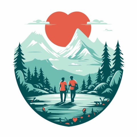 Hiking couple in the mountains with red heart. Vector illustrati