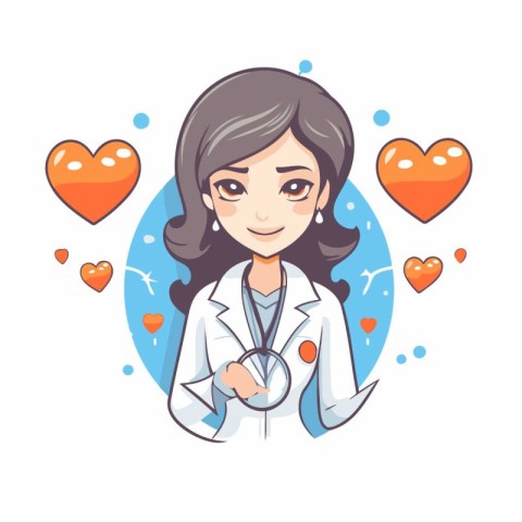 Female doctor with stethoscope and hearts around. Vector illustr