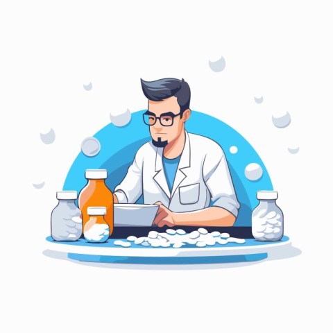 Man in lab coat washing dishes. Vector illustration in cartoon s