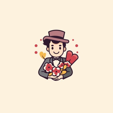 Cute cartoon man in hat and bow tie holding bouquet of flowers