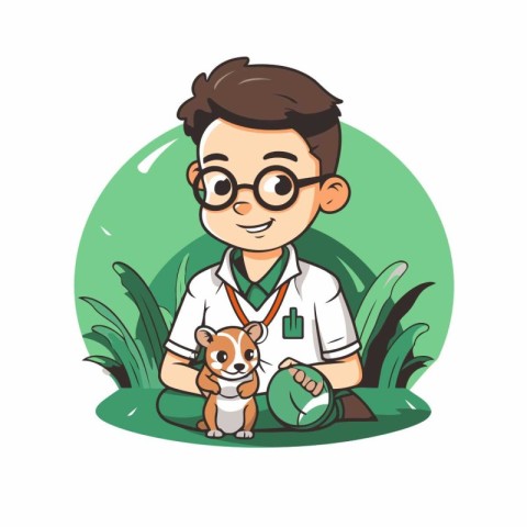 Veterinarian cartoon character with dog. Vector illustration of