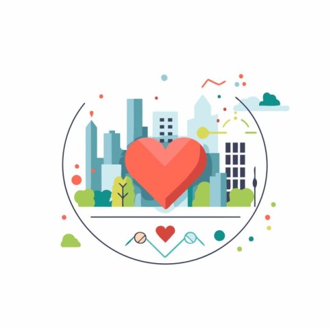 Vector illustration of cityscape with heart in circle. Love conc